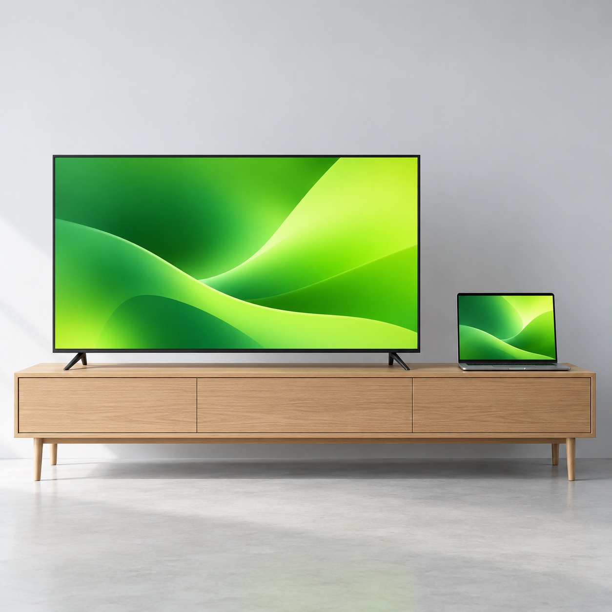 A television on an oak console with an open laptop alongside
