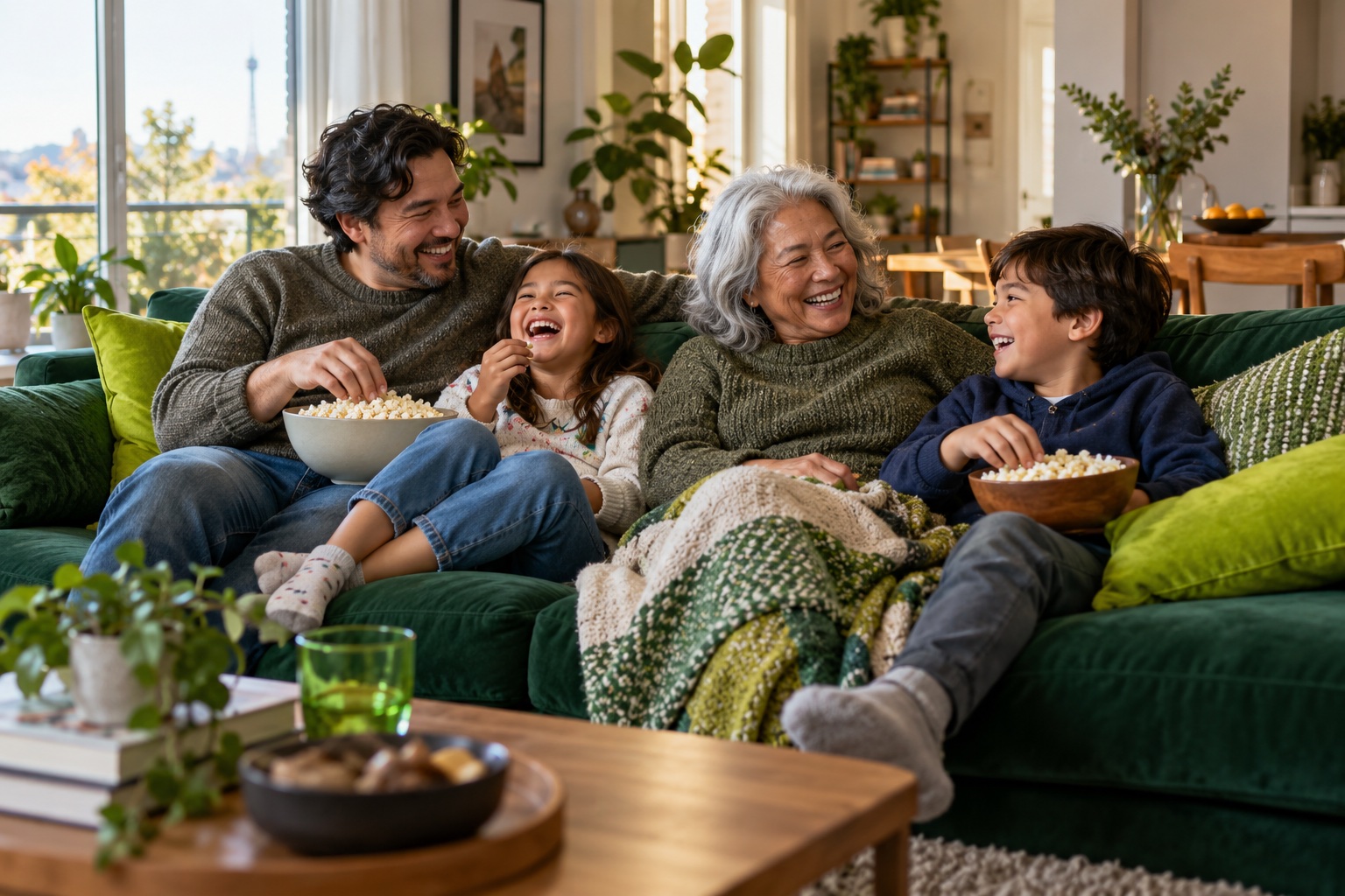 A family relaxing together in their living room