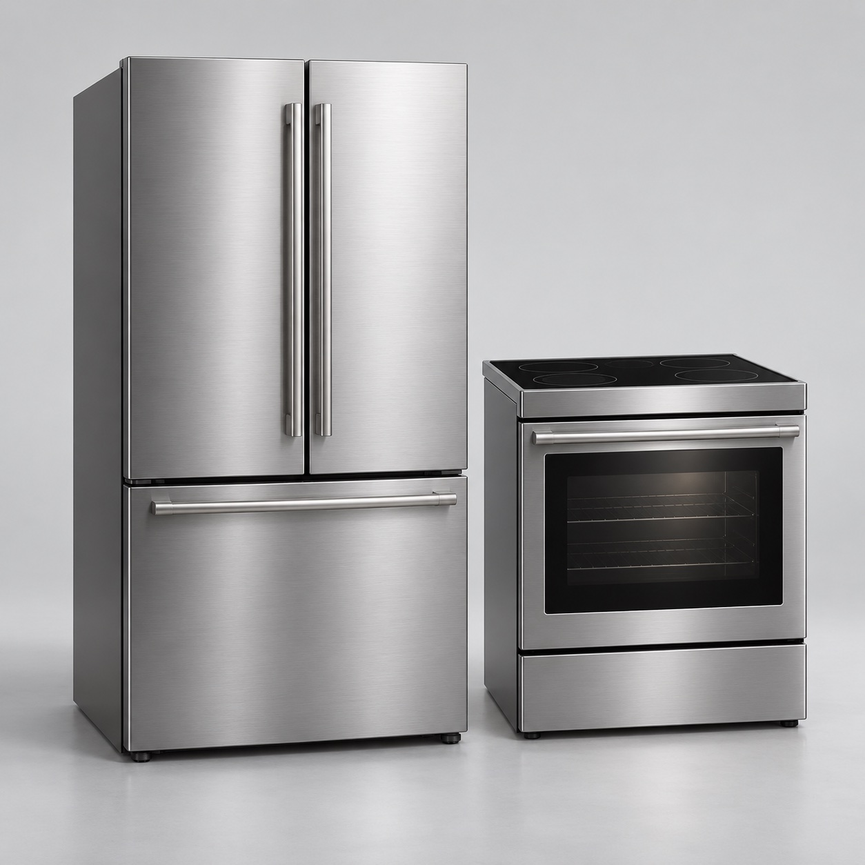 A stainless-steel refrigerator and freestanding electric range