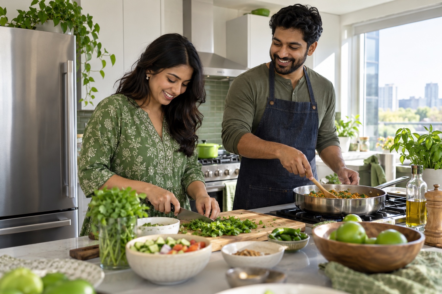 A couple cooking together in a bright kitchen