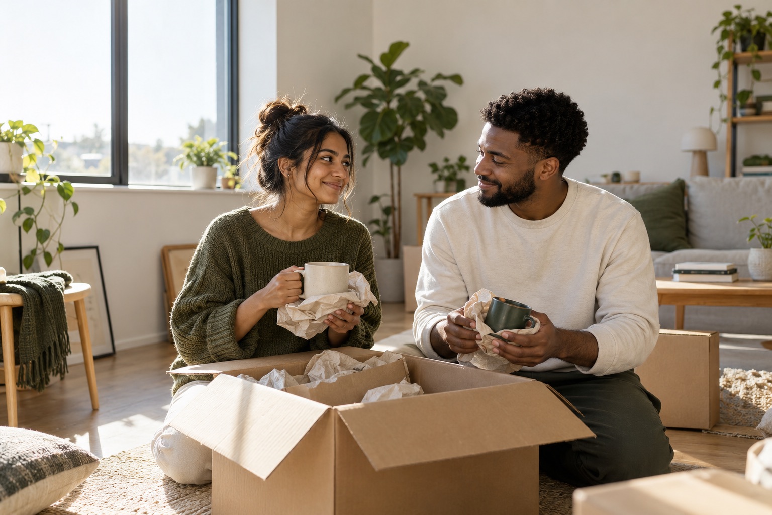 A couple unpacking their first home together