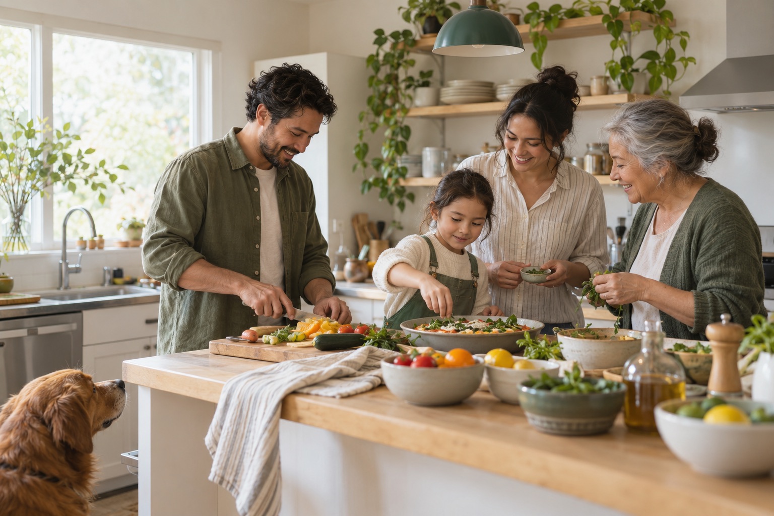 Family members preparing a meal together in a bright kitchen