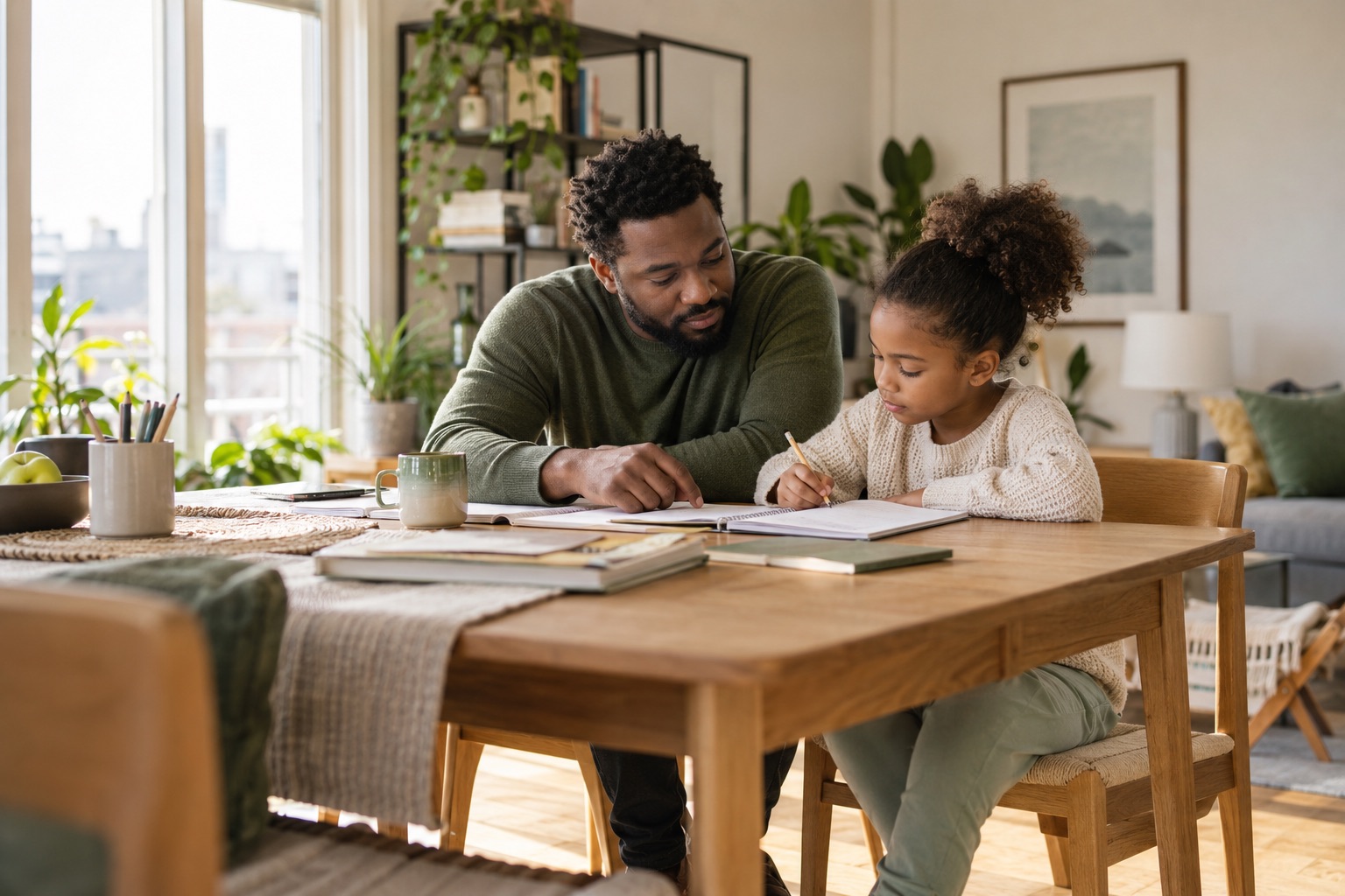 A father helping his daughter with homework at home