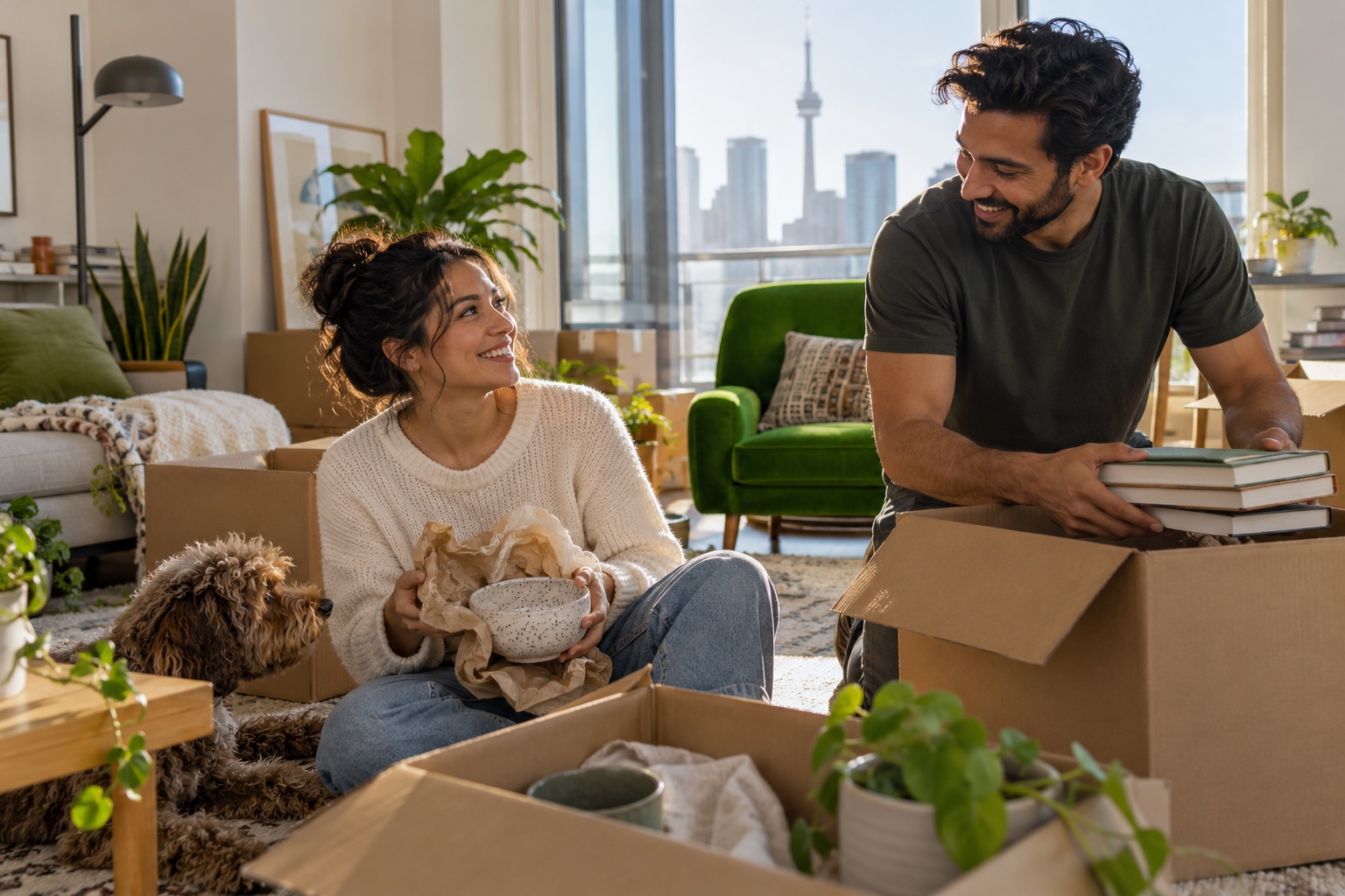 A couple sharing a relaxed moment while unpacking their home